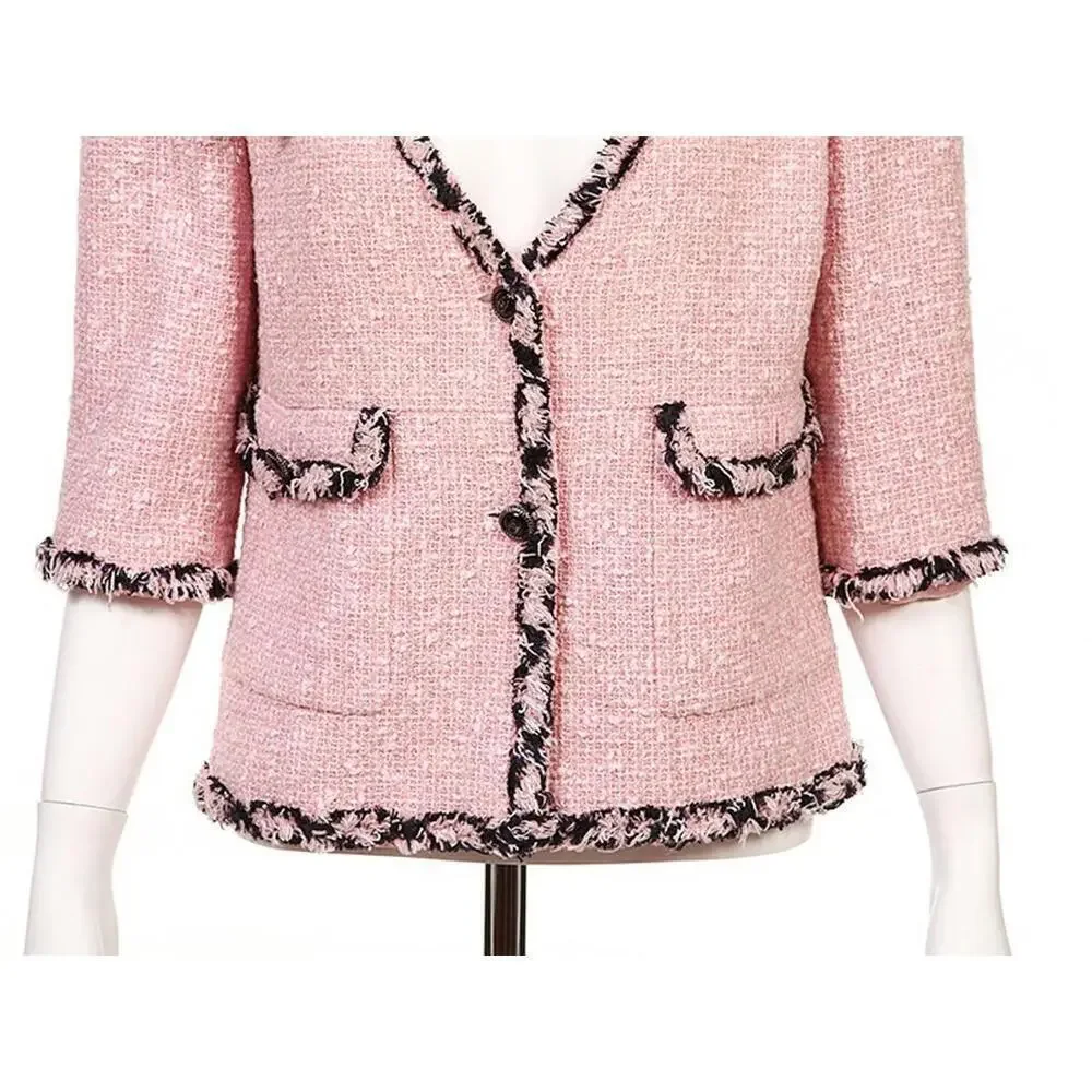 2007 CHANEL FR-34 Vintage 07P TWEED Pink Black Jacket Trim CC logo Buttons US-2 - Picture 8 of 15
